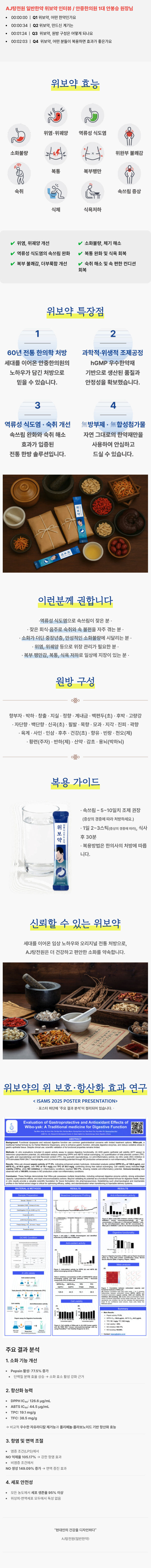 위보약 안내 그림. 위보약 효능, 위보약 특장점, 이런 분께 권합니다, 원방 구성, 복용 가이드, 신뢰할 수 있는 위보약, 위보약의 위 보호·항산화 효과 연구 포스터가 위에서 아래로 차례로 실려 있습니다